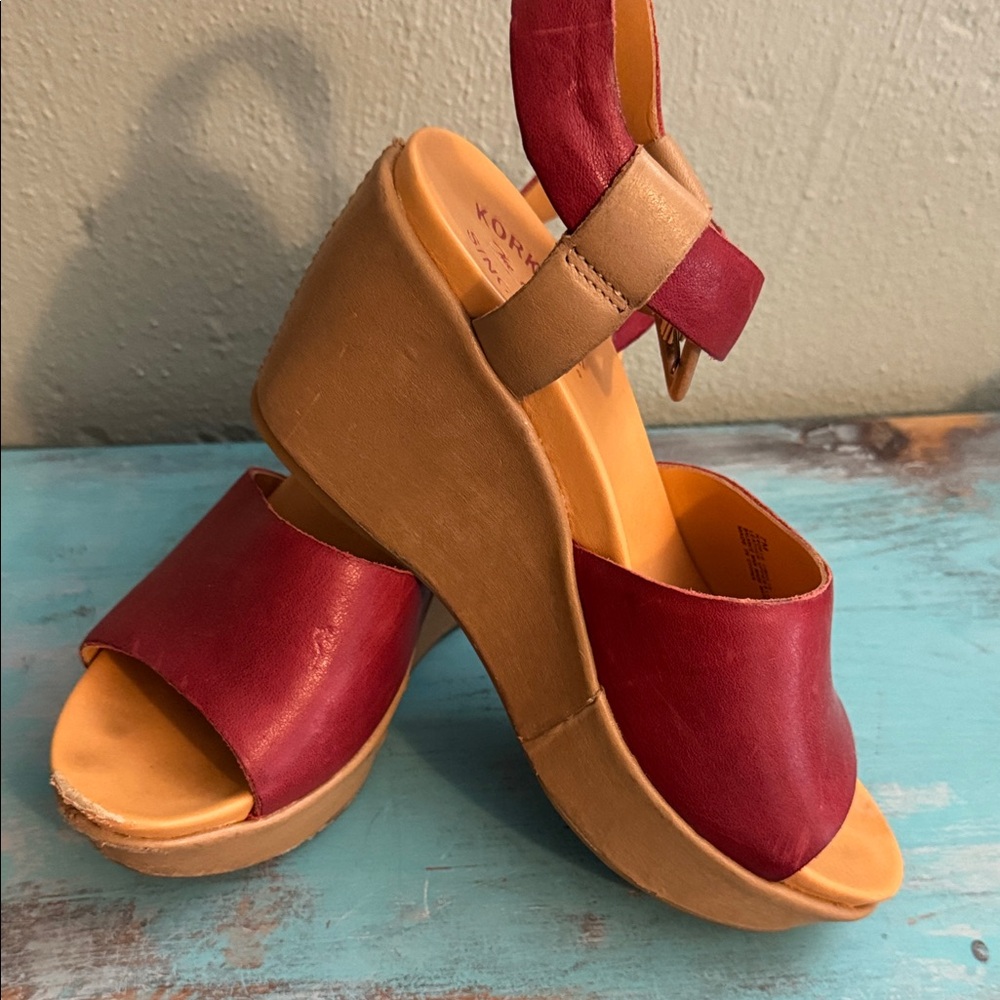 Kork-Ease Women's Burgundy Leather Wedge Sandals
